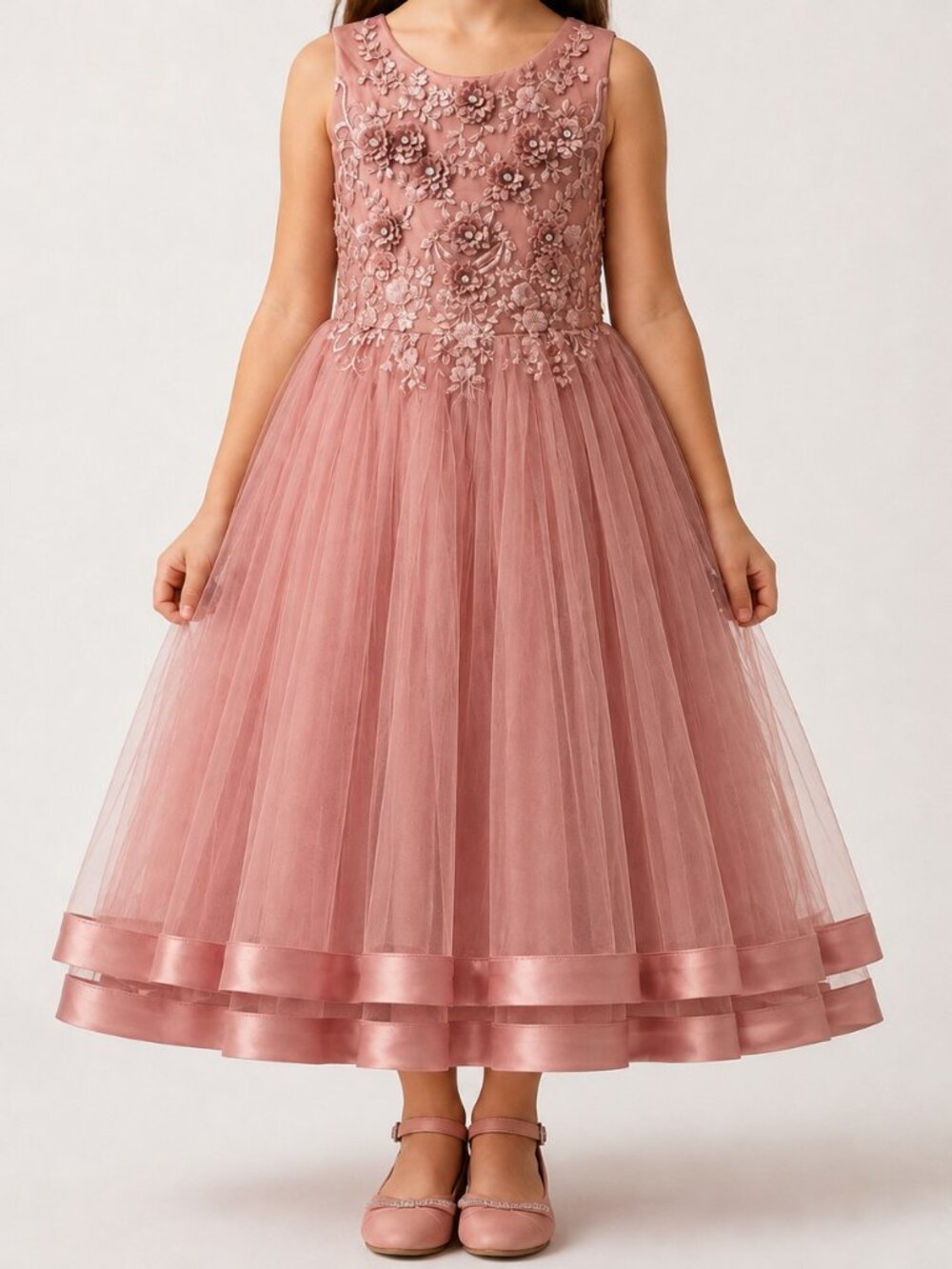 Girls Pink Floral Tulle High Low Formal Dress Size 150 Embroidered Party